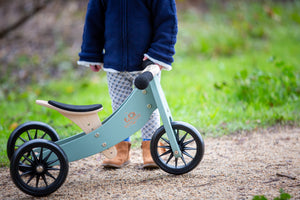 Kinderfeets TINY TOT Trike / Balance Bike 2-in-1 (Birchwood & Sage) & wooden crate for toddlers and young children training on a no pedals running bike / tricycle