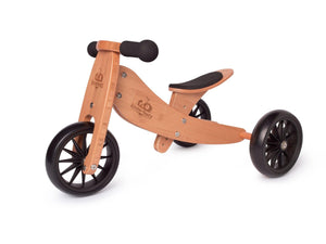 Kinderfeets TINY TOT Trike converts to a 2 wheeled Balance Bike 2-in-1 (Bamboo) & Wooden Crate for toddlers and young children training on a no pedals running bike / tricycle