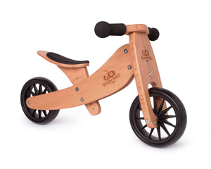 Kinderfeets TINY TOT Trike converts to a 2 wheeled Balance Bike 2-in-1 (Bamboo) & Wooden Crate for toddlers and young children training on a no pedals running bike / tricycle