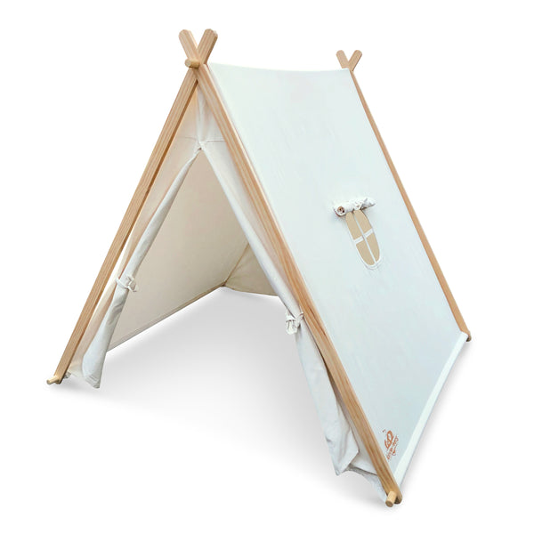 Children's teepee canvas  tent with wooden poles on a white background