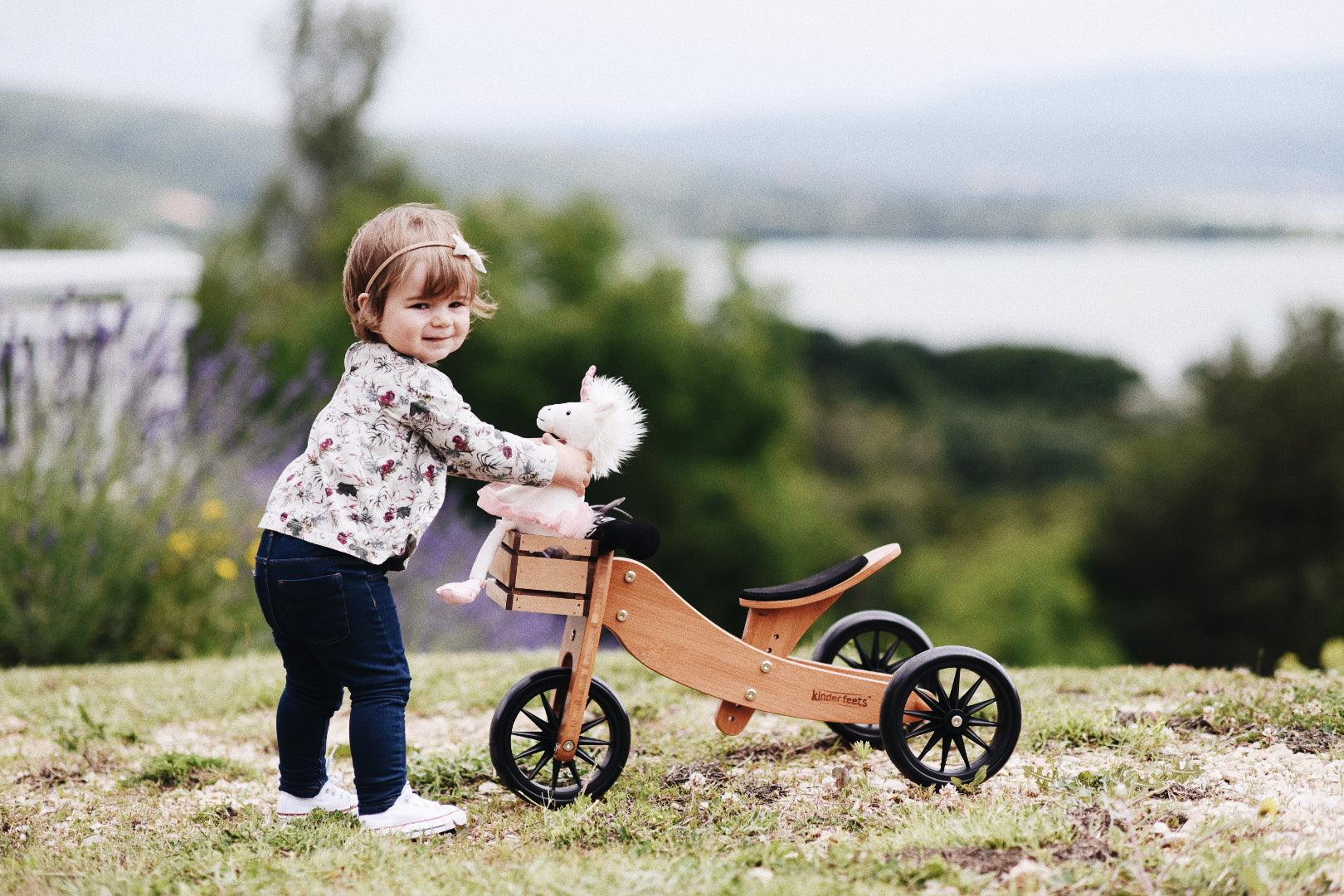 Kinderfeets TINY TOT Trike converts to a 2 wheeled Balance Bike 2-in-1 (Bamboo) & Sage Green Toddler Safety Helmet for toddlers and young children training on a no pedals running bike / tricycle