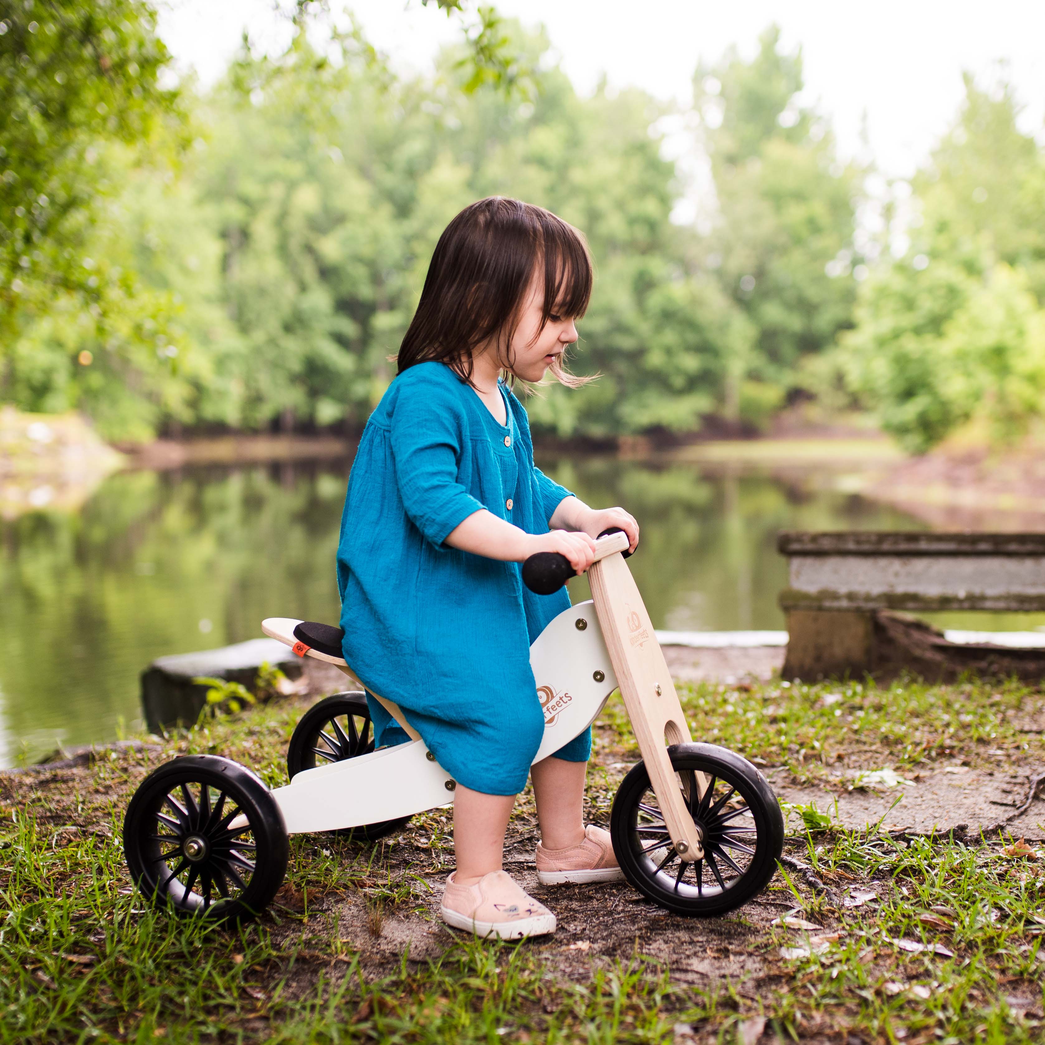 Kinderfeets Tiny Tot Plus tricycle balance bike wooden training bike running bike no pedals toddler children kids birch wood white 