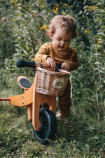 Load image into Gallery viewer, Kinderfeets Tiny Tot Plus tricycle balance bike wooden training bike running bike no pedals toddler children kids bamboo cane basket
