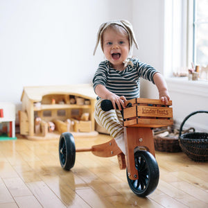 Kinderfeets TINY TOT Trike converts to a 2 wheeled Balance Bike 2-in-1 (Bamboo) & Wooden Crate for toddlers and young children training on a no pedals running bike / tricycle