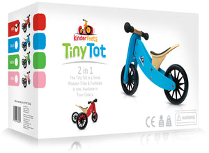 Packaging Kinderfeets TINY TOT Trike converts to a 2 wheeled Balance Bike 2-in-1 (Cherry Red) for toddlers and young children training on a no pedals running bike / tricycle