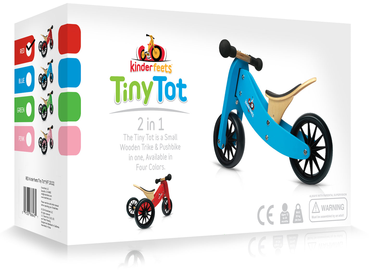 Packaging Kinderfeets TINY TOT Trike / Balance Bike 2-in-1 (Bamboo) for toddlers and young children training on a no pedals running bike / tricycle