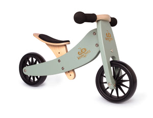 Kinderfeets TINY TOT Trike / Balance Bike 2-in-1 (Birchwood & Sage) & wooden crate for toddlers and young children training on a no pedals running bike / tricycle