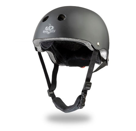 Kinderfeets Toddler Bike Safety Helmet in Matte Black. Adjustable Fit Dial System and padded chin strap provide additional comfort while an ABS outer shell and EPS liner ensure child safety.