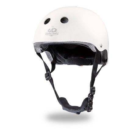 Kinderfeets Toddler Bike Safety Helmet in Matte White. Adjustable Fit Dial System and padded chin strap provide additional comfort while an ABS outer shell and EPS liner ensure child safety.