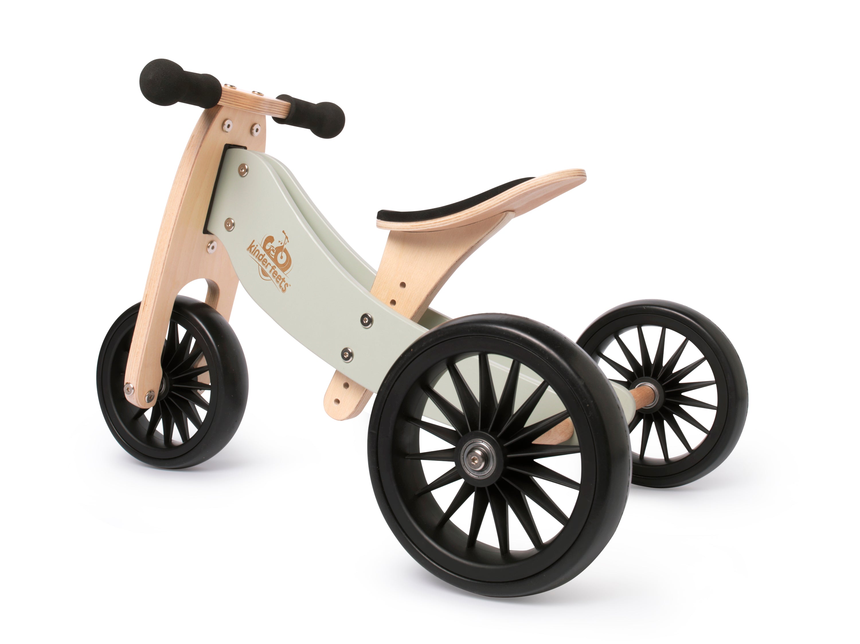 Kinderfeets Tiny Tot Plus tricycle balance bike wooden training bike running bike no pedals toddler children kids birch wood silver sage