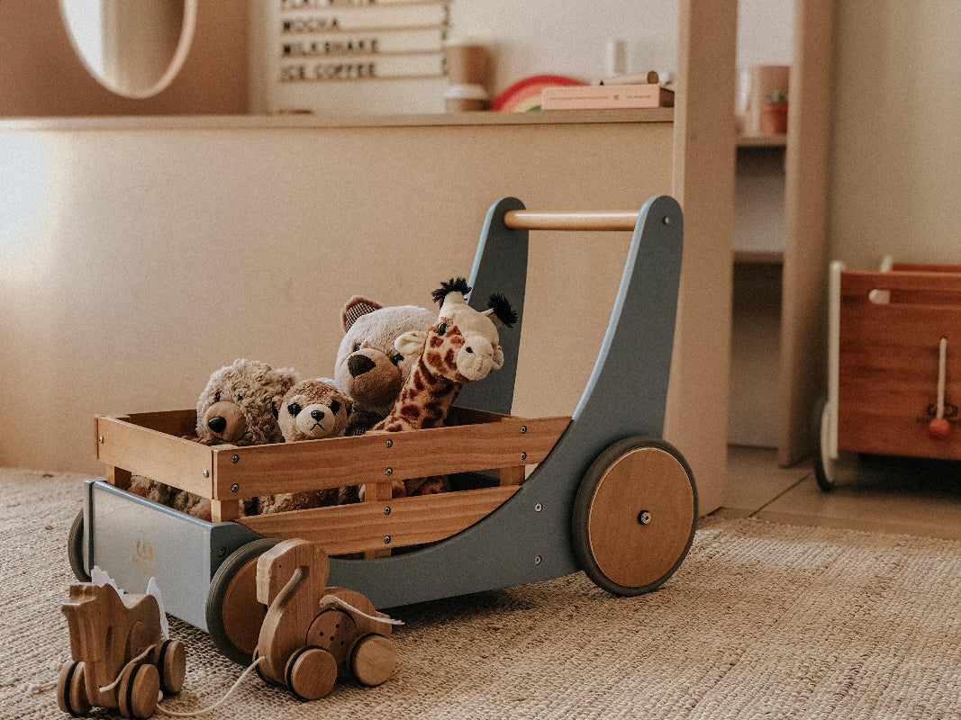 Kinderfeets baby walker - wooden toy box - toybox - toy cart - baby walkers - toddlers - Cargo Walker - Slate blue