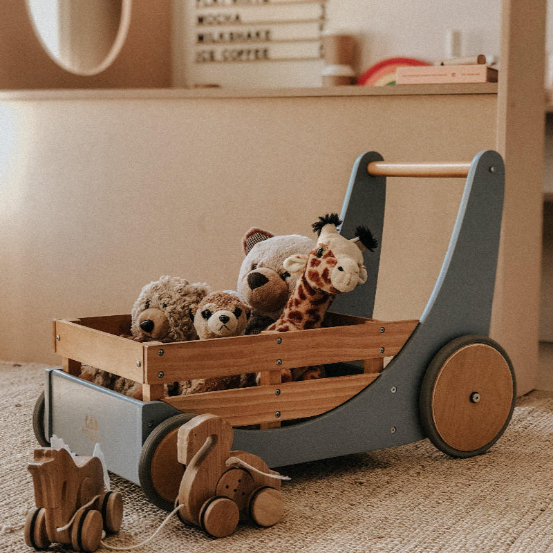 Kinderfeets baby walker - wooden toy box - toybox - toy cart - baby walkers - toddlers - Cargo Walker - Slate blue