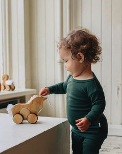 Sustainable wooden toys - eco friendly - push and pull toy - bamboo - rubber rimmed wheels - safety release mechanism - toddlers - playtoy - Kinderfeets New Zealand - Unicorn