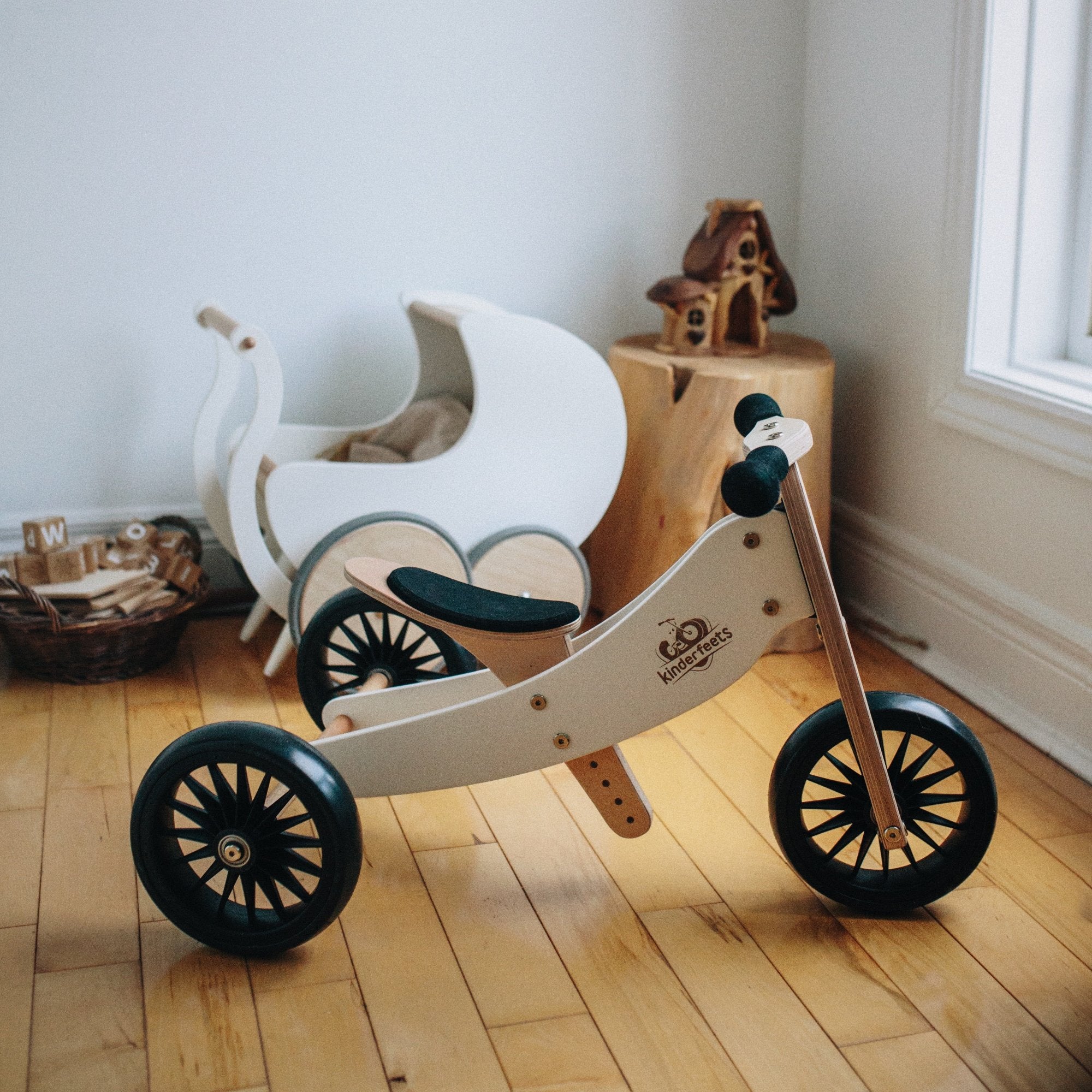 Kinderfeets Tiny Tot Plus tricycle balance bike wooden training bike running bike no pedals toddler children kids birch wood white 