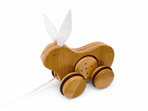 Sustainable wooden toys - eco friendly - push and pull toy - bamboo - rubber rimmed wheels - safety release mechanism - toddlers - playtoy - Kinderfeets New Zealand - Rabbit