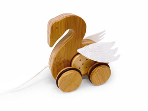 Sustainable wooden toys - eco friendly - push and pull toy - bamboo - rubber rimmed wheels - safety release mechanism - toddlers - playtoy - Kinderfeets New Zealand - Swan