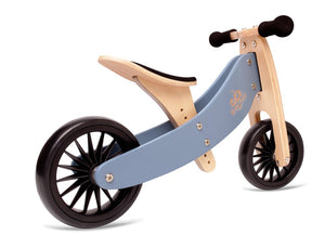 Kinderfeets Tiny Tot Plus tricycle balance bike wooden training bike running bike no pedals toddler children kids birch wood slate blue and wooden crate basket