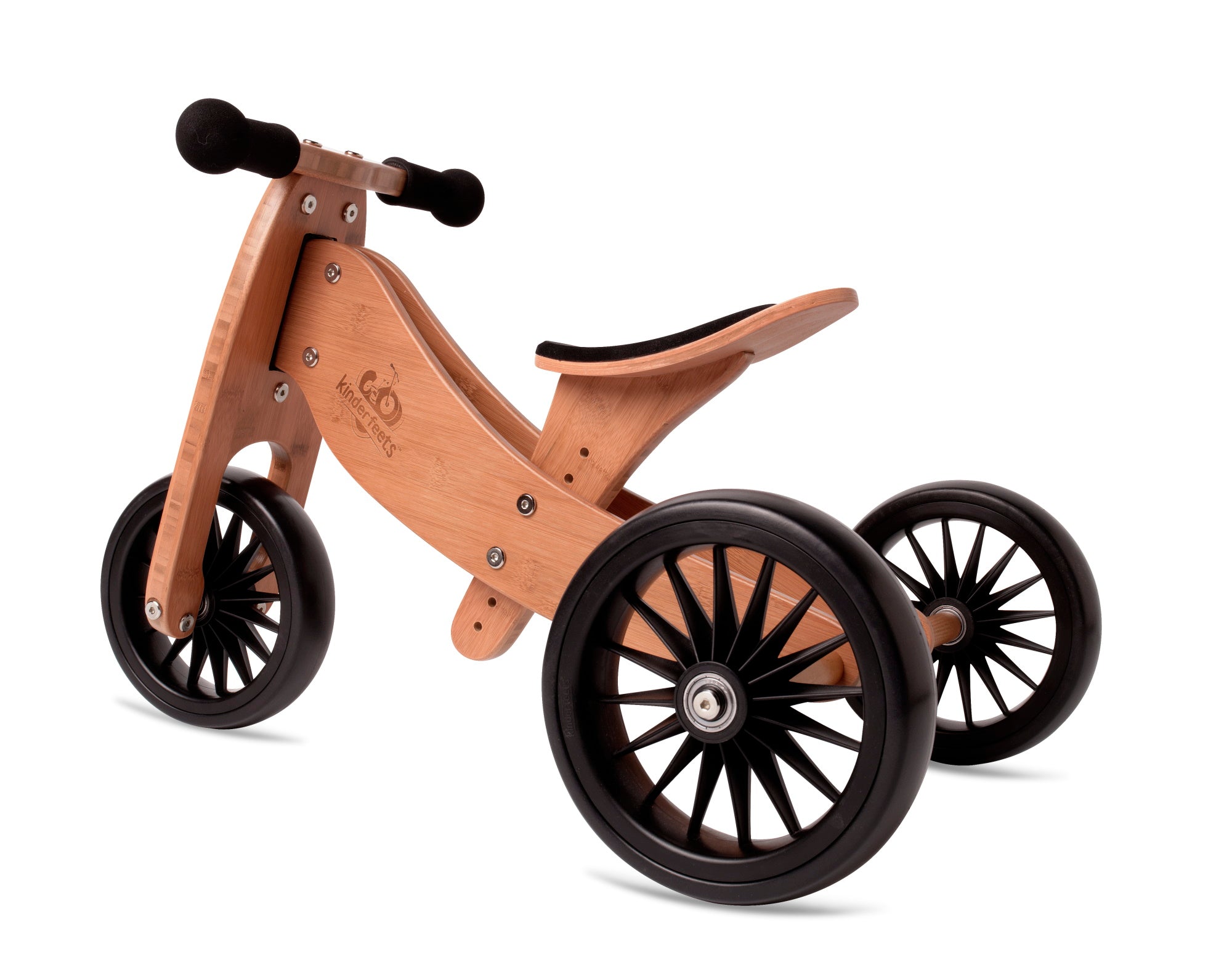 Kinderfeets Tiny Tot Plus tricycle balance bike wooden training bike running bike no pedals toddler children kids bamboo and wooden crate basket