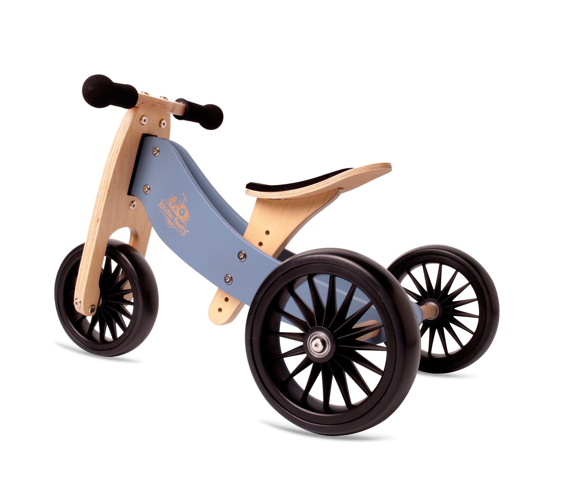 Kinderfeets Tiny Tot Plus tricycle balance bike wooden training bike running bike no pedals toddler children kids birch wood slate blue and wooden crate basket