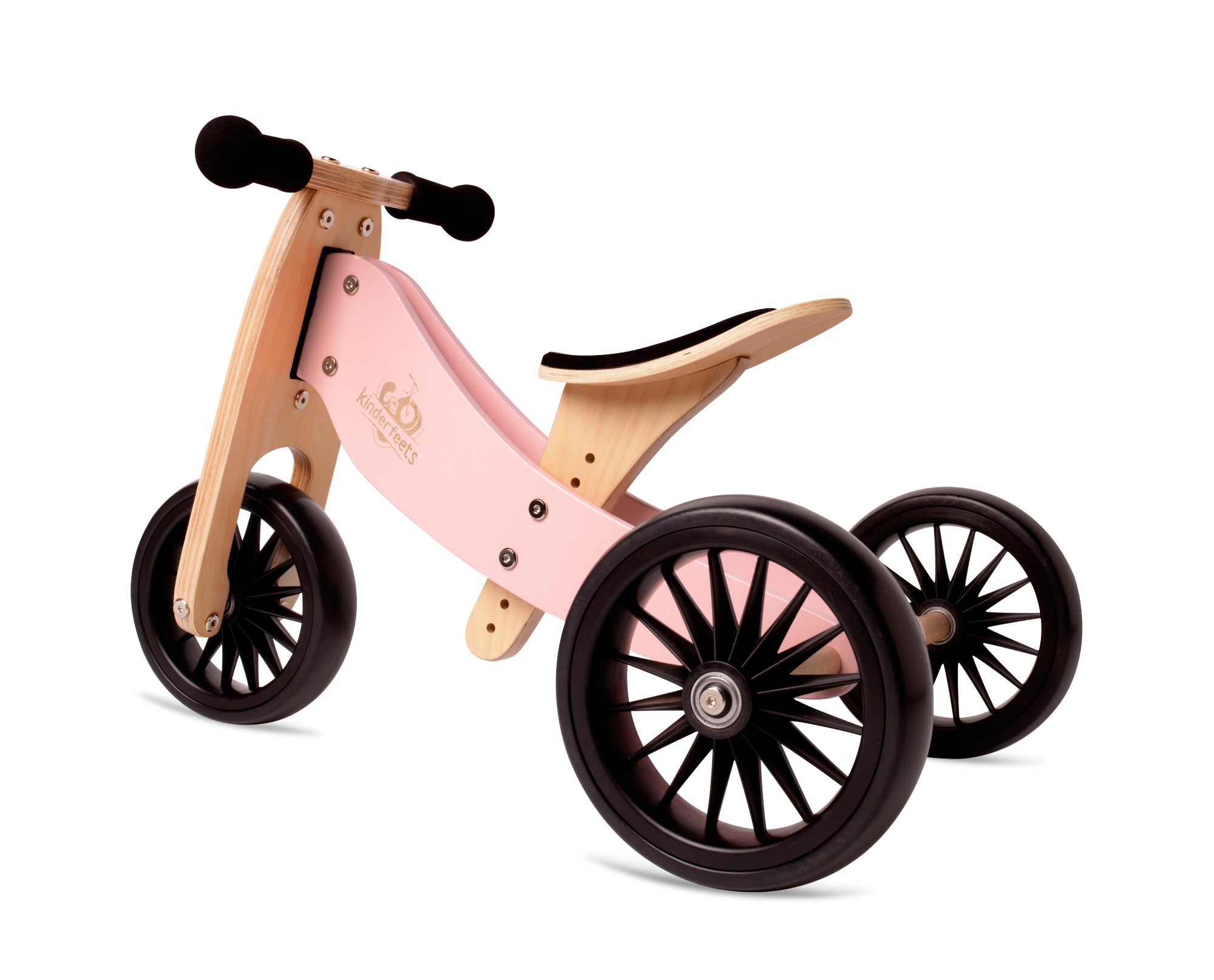 Kinderfeets Tiny Tot Plus tricycle balance bike wooden training bike running bike no pedals toddler children kids birch wood pink rose 