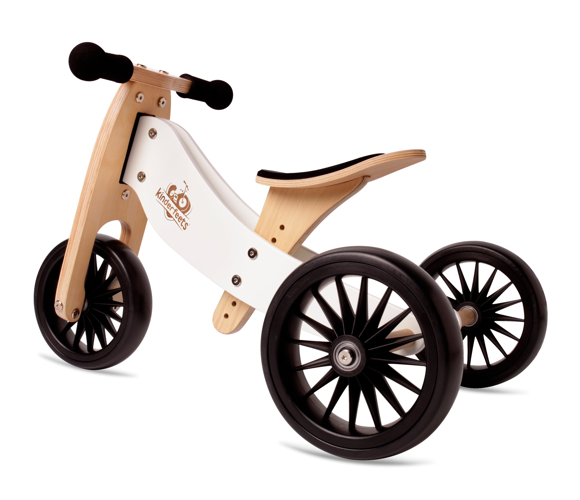 Kinderfeets Tiny Tot Plus tricycle balance bike wooden training bike running bike no pedals toddler children kids birch wood white and wooden crate basket