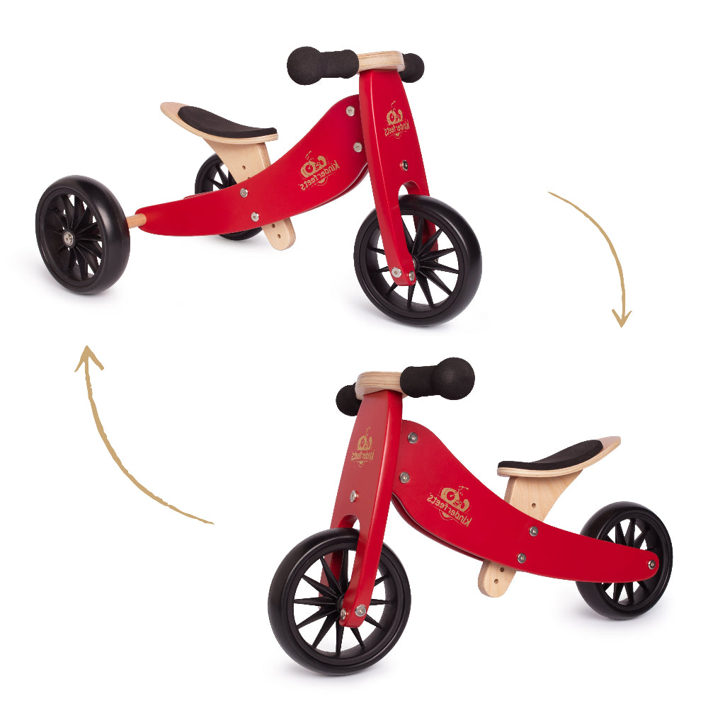 Kinderfeets TINY TOT Trike converts to a 2 wheeled Balance Bike 2-in-1 (Cherry Red) for toddlers and young children training on a no pedals running bike / tricycle