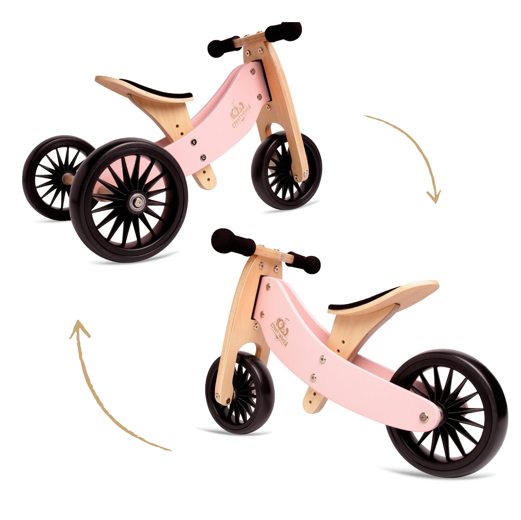 Kinderfeets Tiny Tot Plus tricycle balance bike wooden training bike running bike no pedals toddler children kids birch wood pink rose