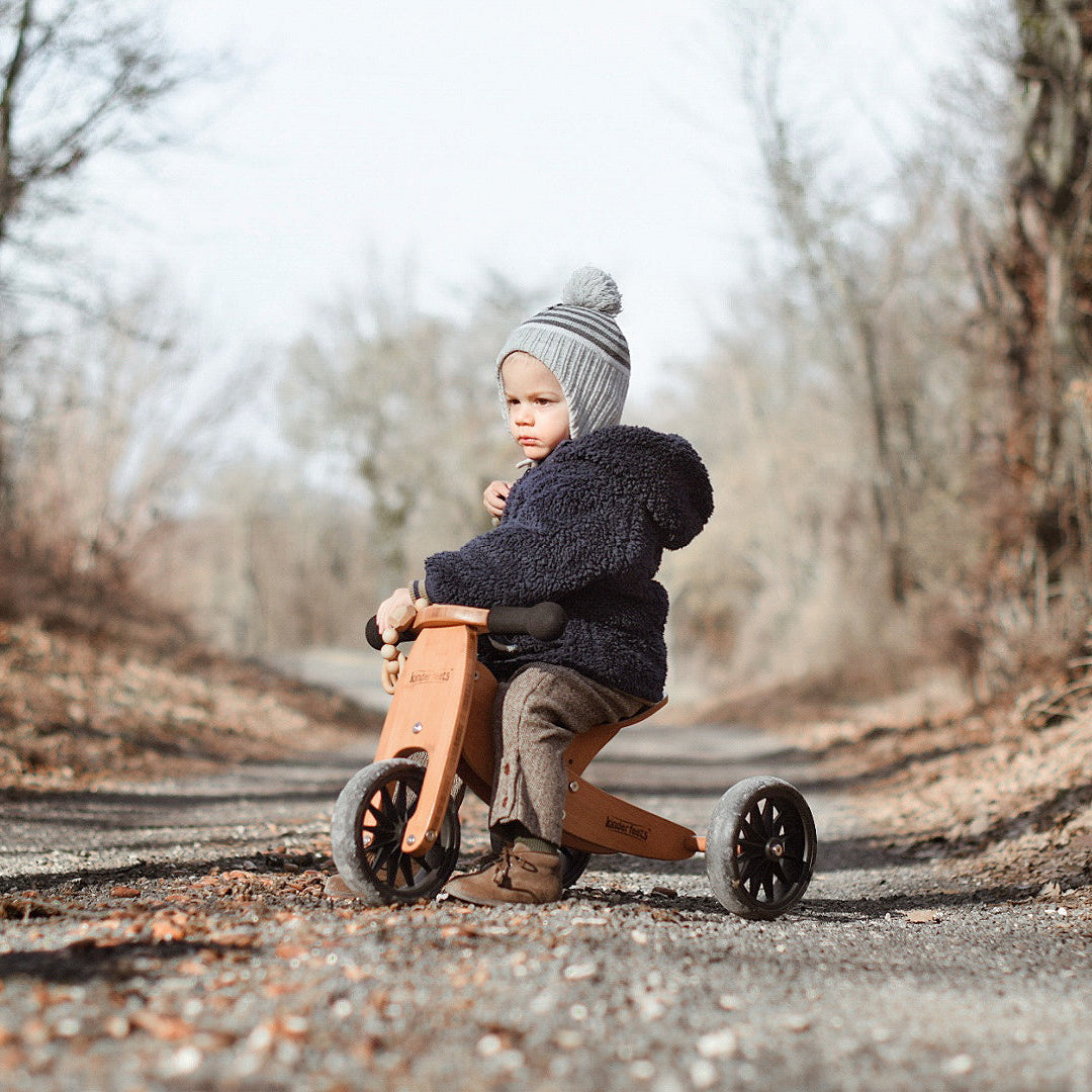 Kinderfeets TINY TOT Trike / Balance Bike 2-in-1 (Bamboo) for toddlers and young children training on a no pedals running bike / tricycle