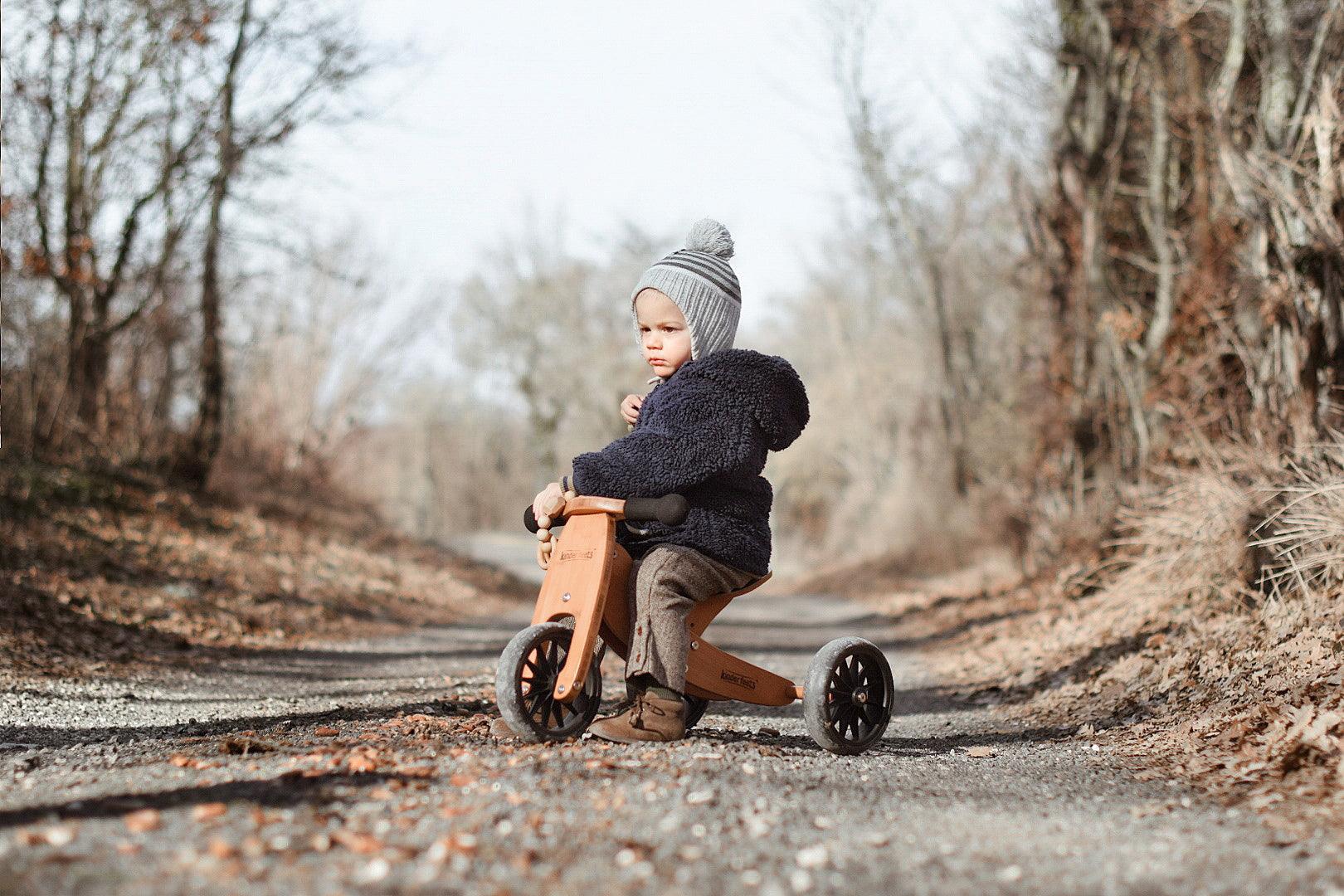 Kinderfeets TINY TOT Trike converts to a 2 wheeled Balance Bike 2-in-1 (Bamboo) & Sage Green Toddler Safety Helmet for toddlers and young children training on a no pedals running bike / tricycle