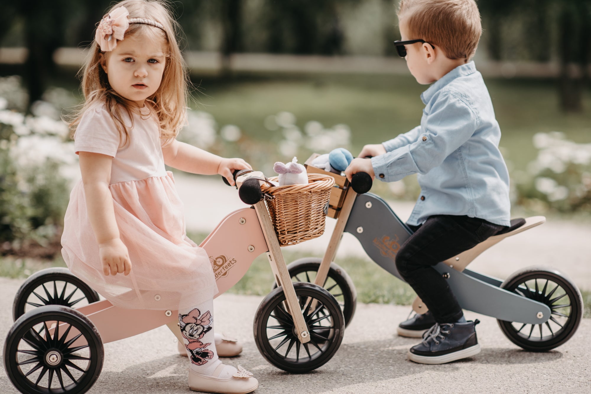 Kinderfeets Tiny Tot Plus tricycle balance bike wooden training bike running bike no pedals toddler children kids birch wood pink rose