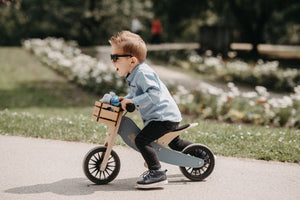 Kinderfeets Tiny Tot Plus tricycle balance bike wooden training bike running bike no pedals toddler children kids birch wood slate blue 