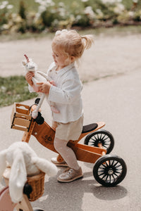 Kinderfeets Tiny Tot Plus tricycle balance bike wooden training bike running bike no pedals toddler children kids bamboo wooden crate