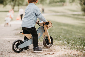 Kinderfeets Tiny Tot Plus tricycle balance bike wooden training bike running bike no pedals toddler children kids birch wood slate blue 