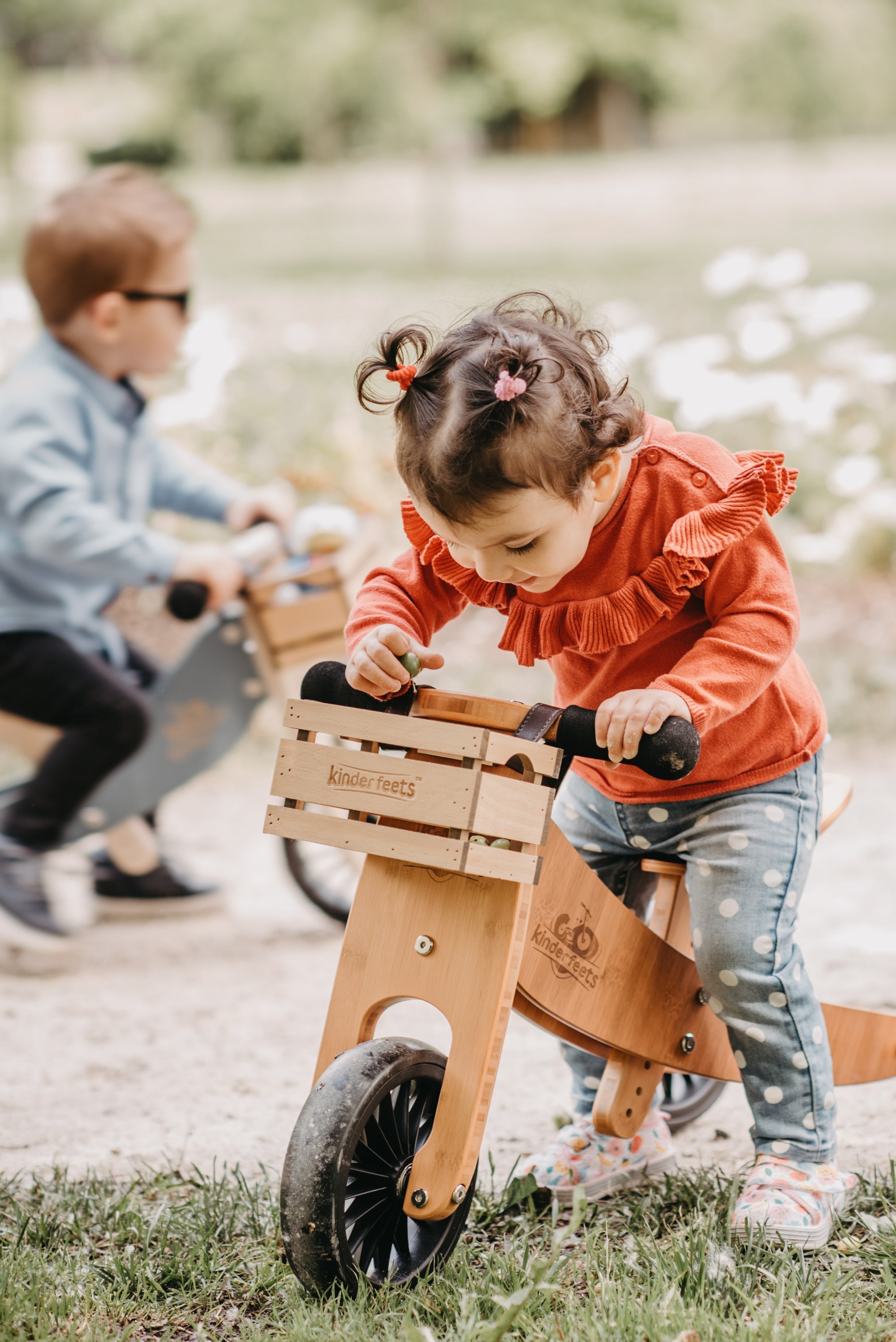 Kinderfeets Tiny Tot Plus tricycle balance bike wooden training bike running bike no pedals toddler children kids bamboo wooden crate