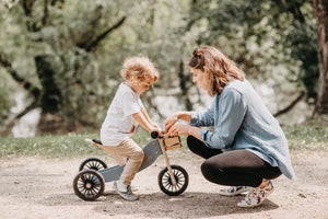 Kinderfeets Tiny Tot Plus tricycle balance bike wooden training bike running bike no pedals toddler children kids birch wood slate blue 