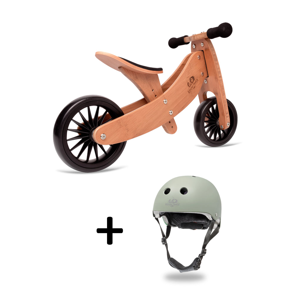 Kinderfeets Tiny Tot Plus tricycle balance bike wooden training bike running bike no pedals toddler children kids bamboo kids safety bike helmet sage