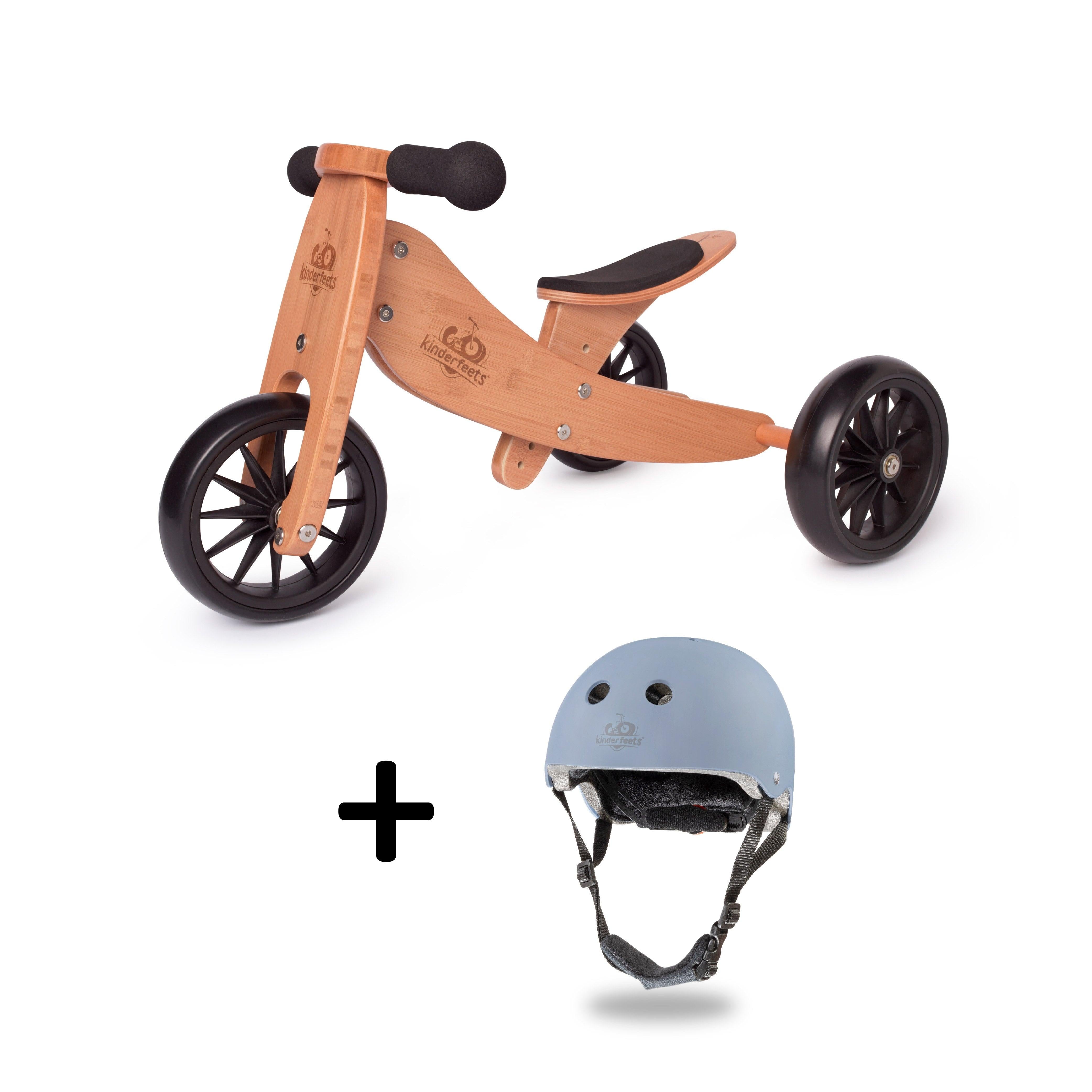 Kinderfeets TINY TOT Trike converts to a 2 wheeled Balance Bike 2-in-1 (Bamboo) & Slate Blue Toddler Safety Helmet for toddlers and young children training on a no pedals running bike / tricycle