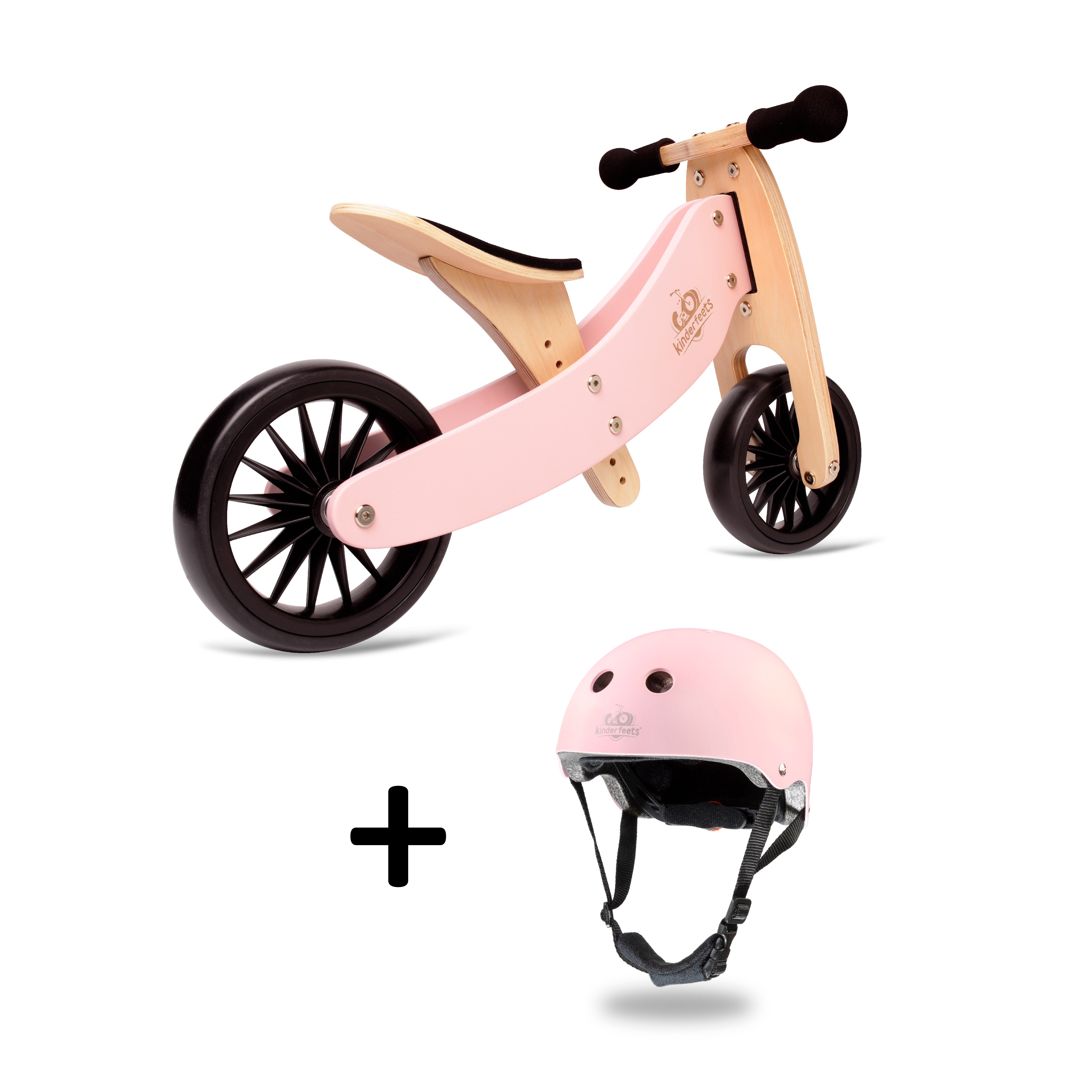 Kinderfeets Tiny Tot Plus tricycle balance bike wooden training bike running bike no pedals toddler children kids birch wood rose kids safety bike helmet sage slate blue white black rose pink pack deal