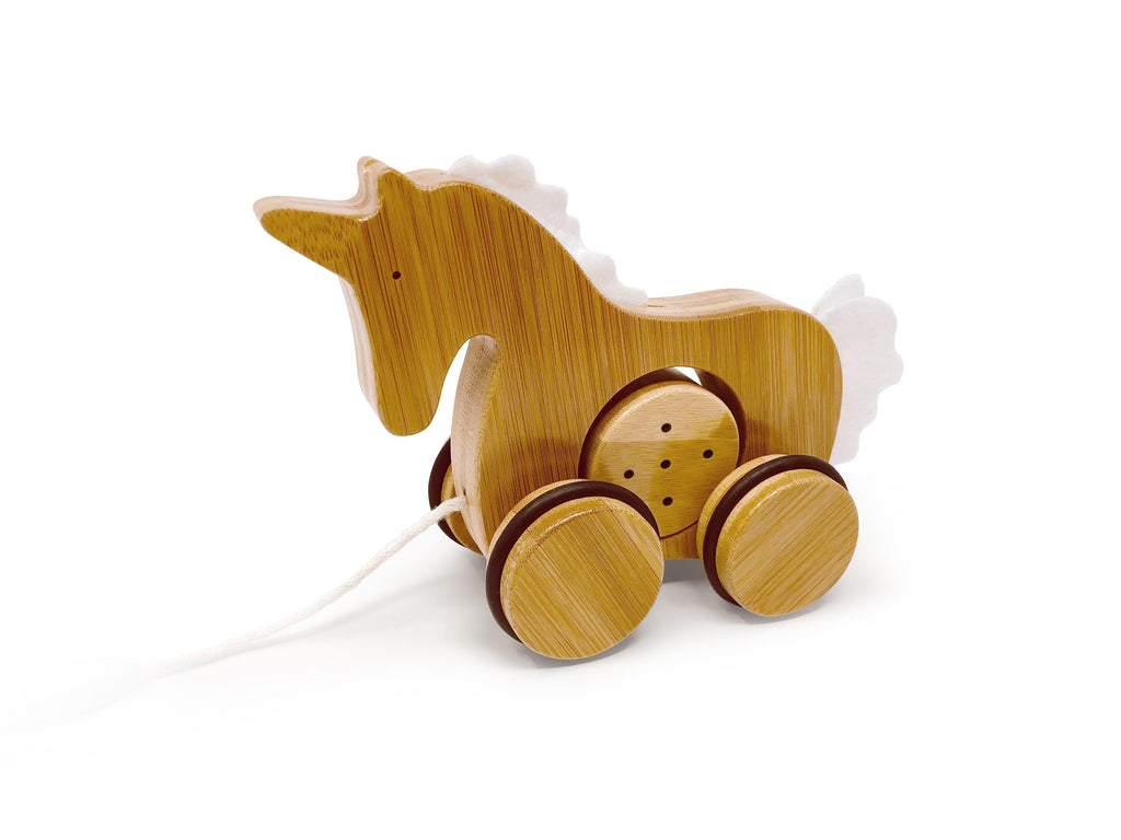 Sustainable wooden toys - eco friendly - push and pull toy - bamboo - rubber rimmed wheels - safety release mechanism - toddlers - playtoy - Kinderfeets New Zealand - Unicorn