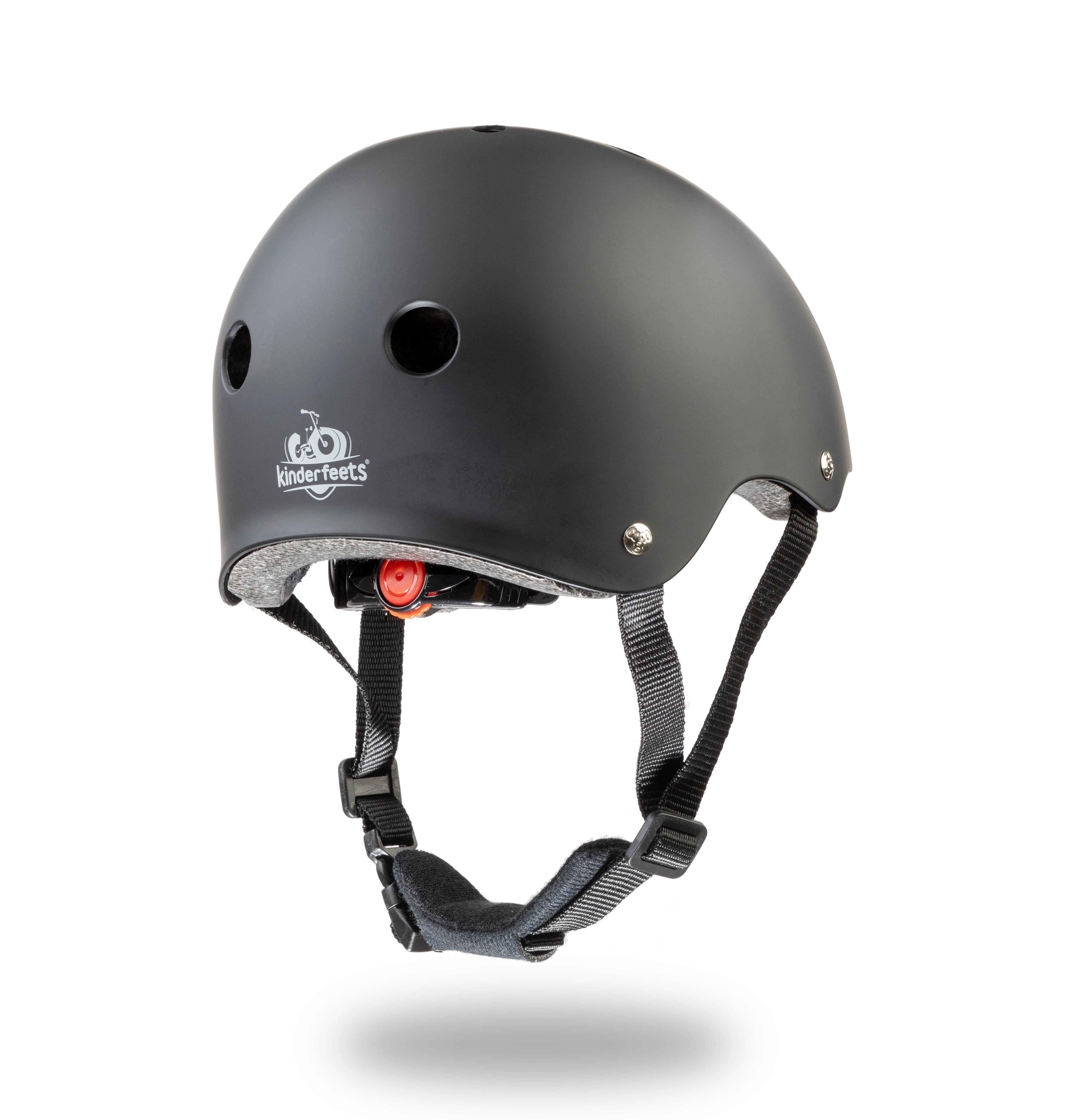 Kinderfeets Toddler Bike Safety Helmet in Matte Black. Adjustable Fit Dial System and padded chin strap provide additional comfort while an ABS outer shell and EPS liner ensure child safety.